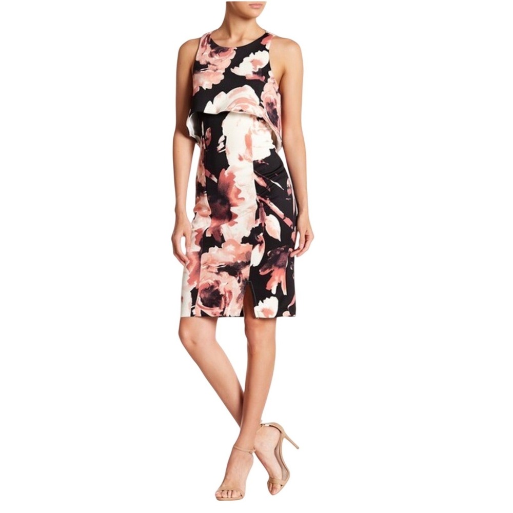 Marina Floral Popover Sheath Dress Black Pink Sleeveless Size 4 261230 - Picture 2 of 15